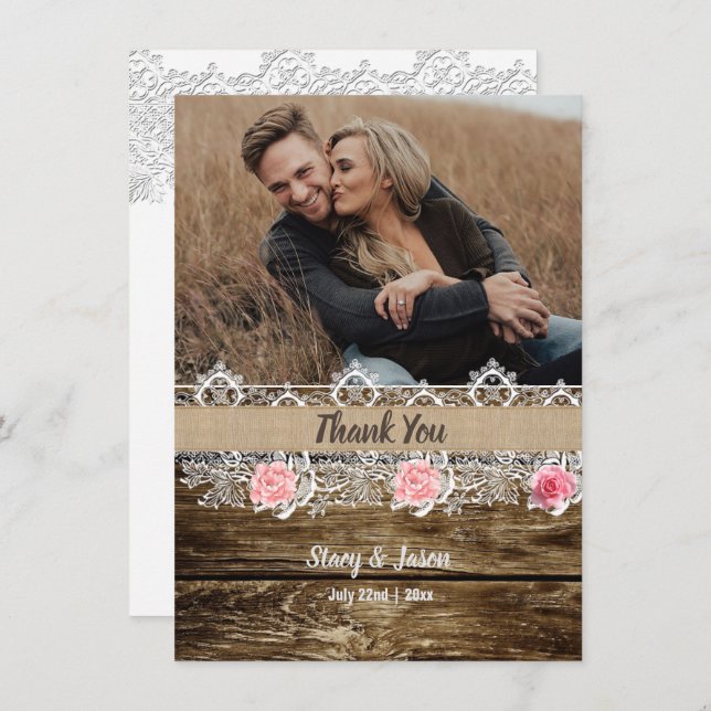 Rustic Barnwood & Lace Wedding  Thank You Card (Front/Back)