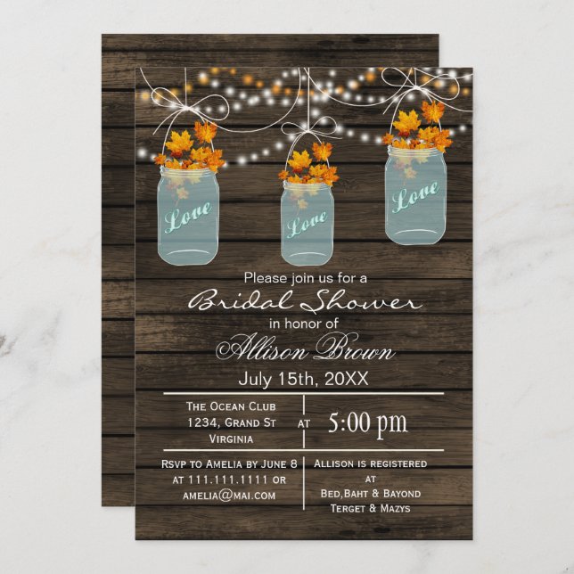 rustic barnwood maple mason jar fall bridal shower invitation (Front/Back)