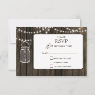 Rustic Barnwood,mason jar wedding RSVP 3.5 x 5 Card