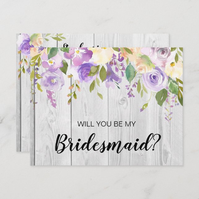 Rustic Barnwood Purple Floral Bridesmaid Proposal Invitation (Front/Back)
