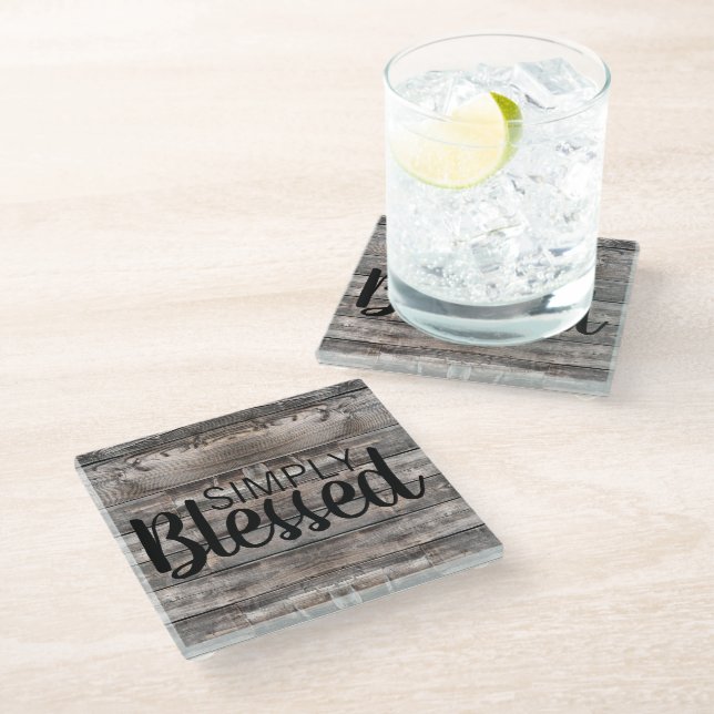 rustic barnwood Simply Blessed | Glass Coaster (Angled)