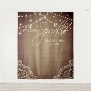 Rustic Barnwood String Lights Lace Custom Wedding Tapestry