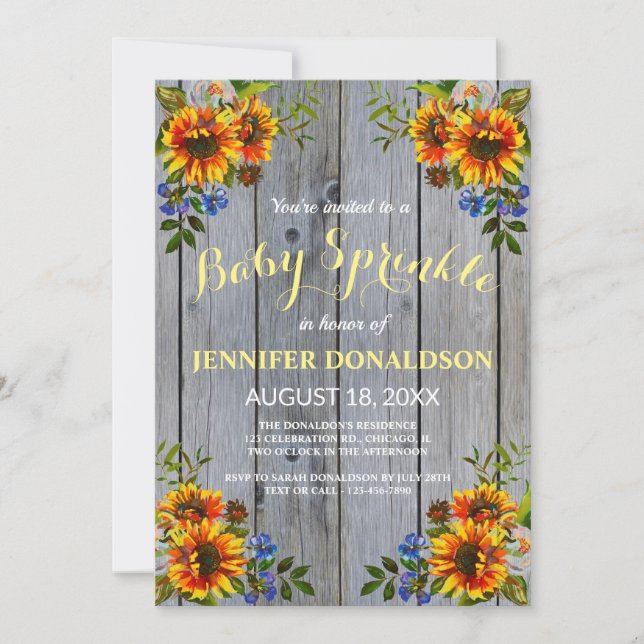 Rustic Barnwood Sunflower Baby Sprinkle Invitation (Front)