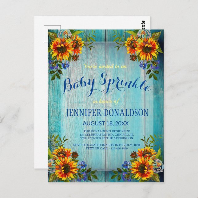 Rustic Barnwood Sunflower Baby Sprinkle Invitation Postcard (Front/Back)