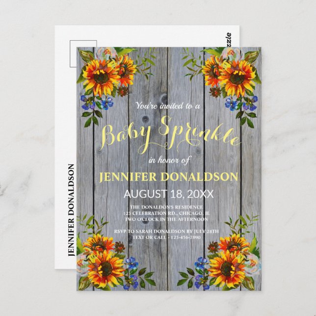 Rustic Barnwood Sunflower Baby Sprinkle Invitation Postcard (Front/Back)