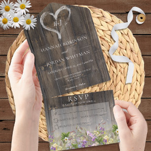 Rustic Barnwood & Wildflowers No Dinner All In One Invitation