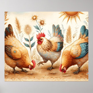 Rustic Barnyard Chickens Boho Country Farm Poster