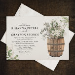 Rustic Barrel White Gold Floral Wedding Invitation<br><div class="desc">Elegant wedding invitations featuring a rustic wooden wine barrel with your initials engraved on the side,  trendy white floral & green foliage flower display,  and a fancy wedding template that is easy to personalise.</div>