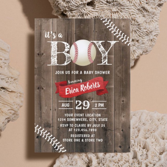 Rustic Baseball Sports Barn Wood Boy Baby Shower Invitation (Creator Uploaded)