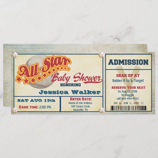 Rustic Baseball Ticket Baby Shower Invitation (Front/Back)