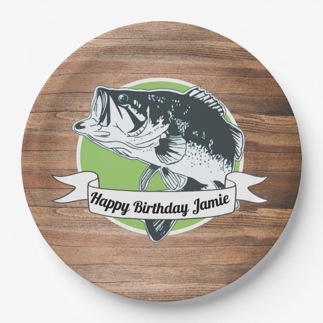 Rustic Bass Fishing Happy Birthday Men's Sports Paper Plate (Front)