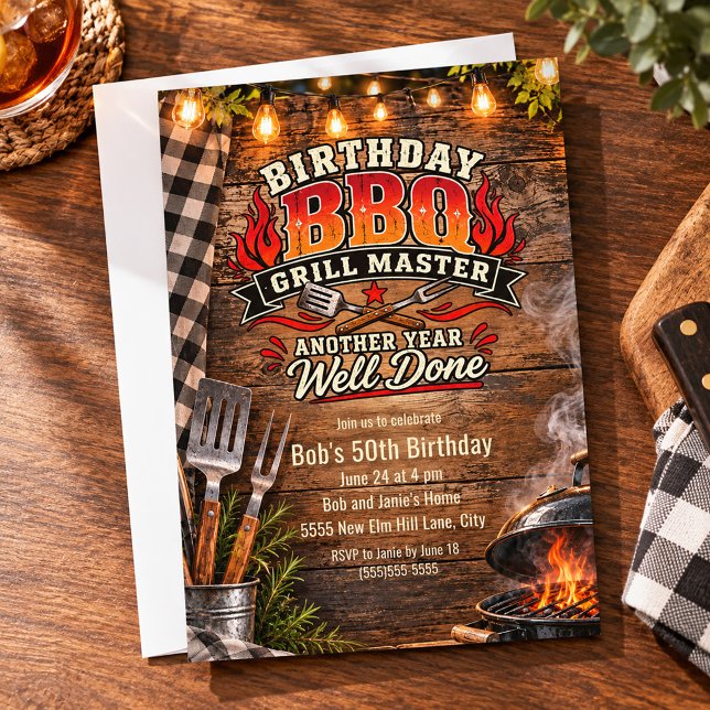 Rustic BBQ Grill Master Birthday Party Invitation (BBQ Grillmaster birthday party invitation)