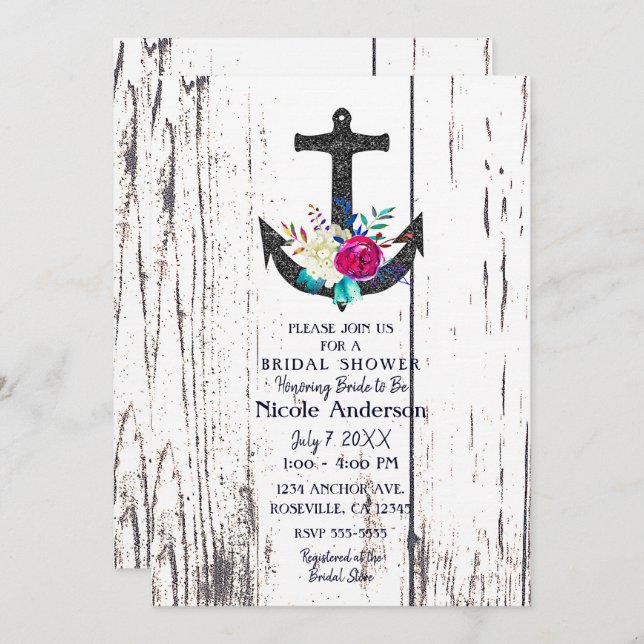 Rustic Beach Anchor & Bold Floral Bridal Shower Invitation (Front/Back)