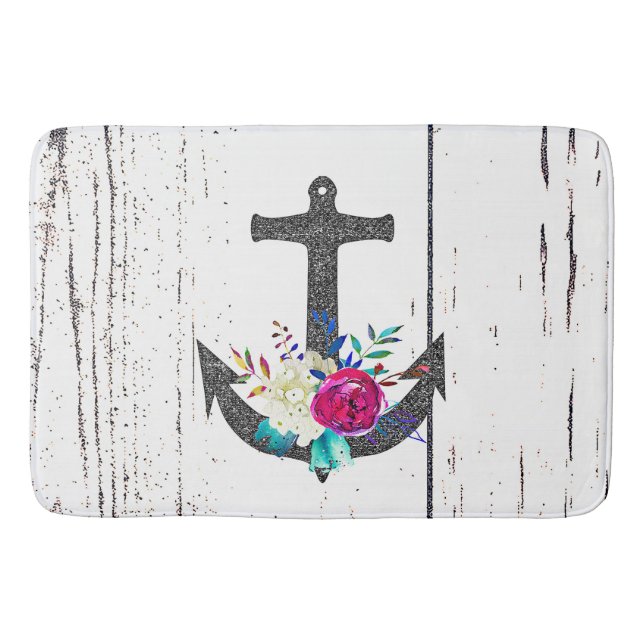 Rustic Beach Anchor & Bold Floral Summer Nautical Bath Mat (Front)