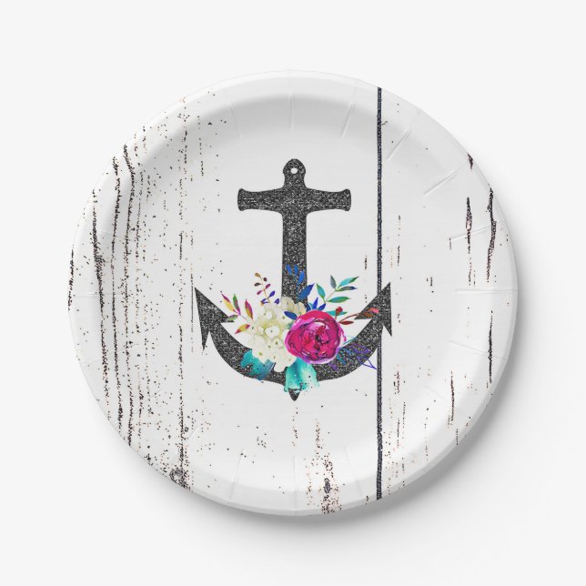 Rustic Beach Anchor & Bold Floral Summer Nautical Paper Plate (Front)