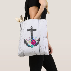 Rustic Beach Anchor & Bold Floral Summer Nautical Tote Bag