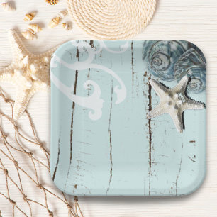 rustic beach aqua blue  seashell starfish wedding paper plate