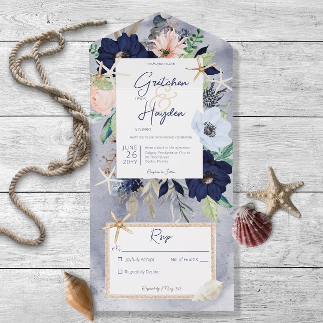 Rustic Beach Blue Nautical No Dinner All In One Invitation (Also available with a QR code or with dinner selection options.)