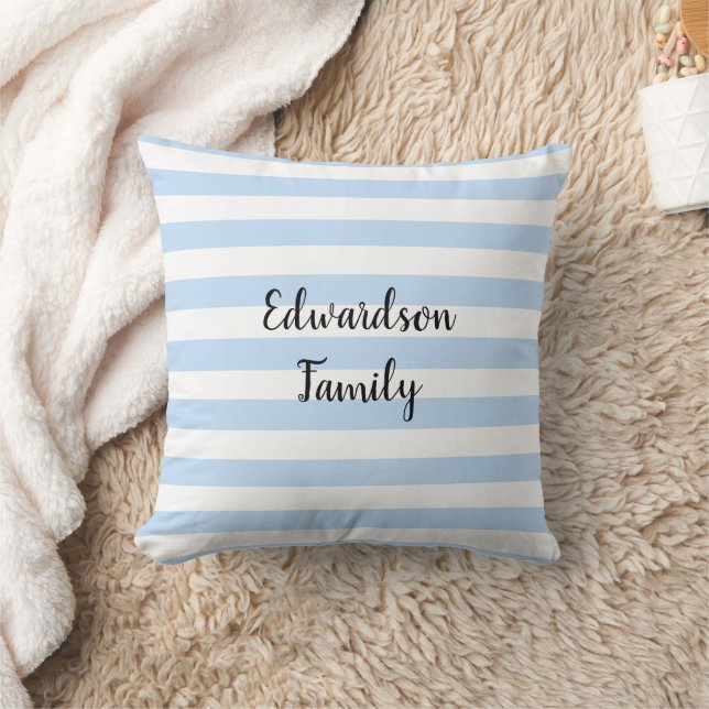 Rustic beach blue white stripes family name cushion (Blanket)