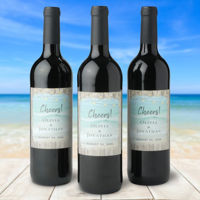 Rustic Beach Coastal String Lights Wedding Wine Label (Creator Uploaded)