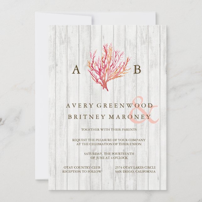 RUSTIC BEACH CORAL WOOD WEDDING INVITATION (Front)