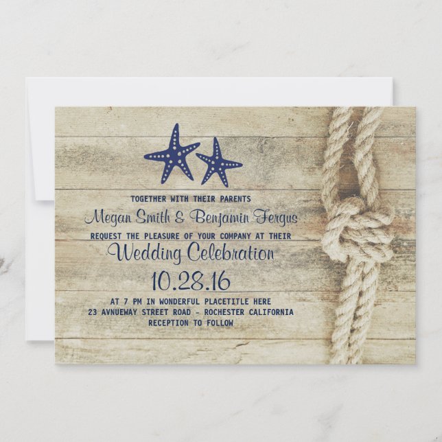 Rustic Beach Driftwood Nautical Rope Navy Wedding Invitation (Front)