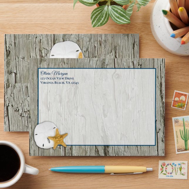 Rustic Beach Driftwood Sand Dollar Wedding Invite  Envelope (Desk)