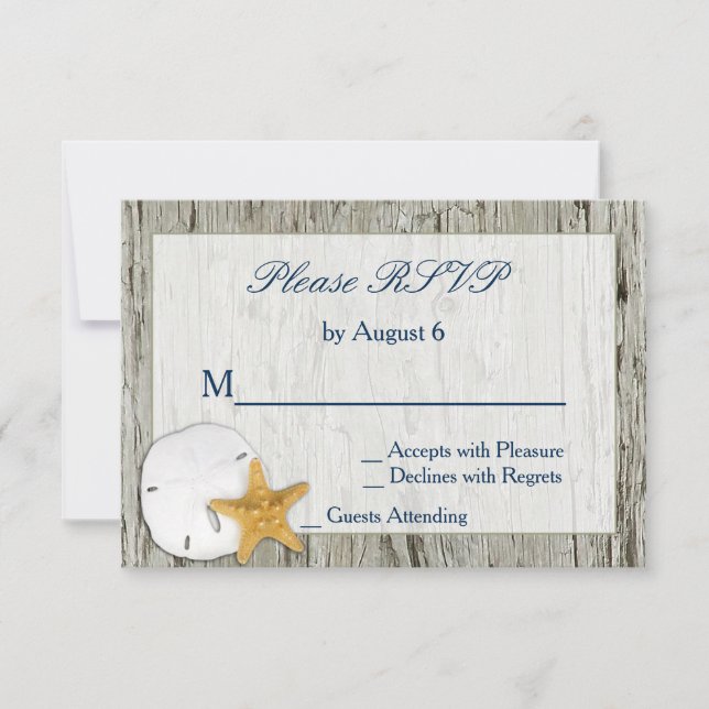 Rustic Beach Driftwood Sand Dollar Wedding RSVP (Front)