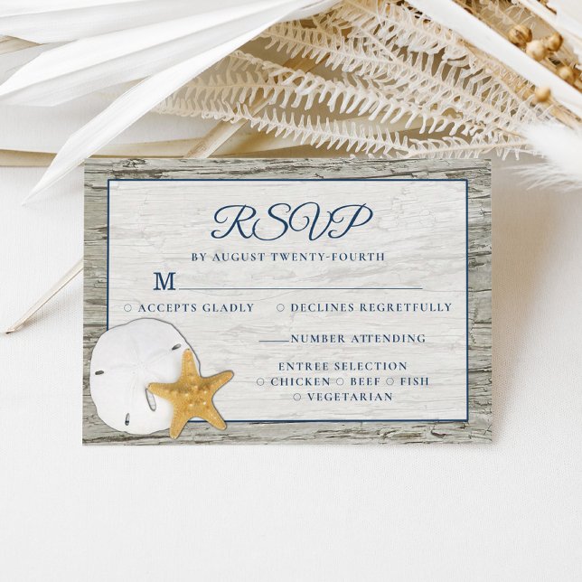 Rustic Beach Driftwood Sand Dollar Wedding RSVP Card (Creator Uploaded)