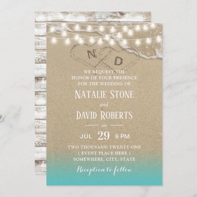 Rustic Beach Heart String Lights Summer Wedding Invitation (Front/Back)