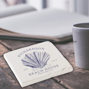 Rustic Beach House Family Name Nautical   Blue Stone Coaster