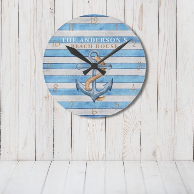 Rustic Beach House Nautical Stripes Personalised Round Clock (Creator Uploaded)
