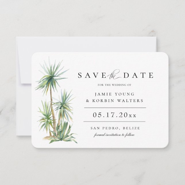 Rustic Beach Island Palm Save The Date Announcement (Front)