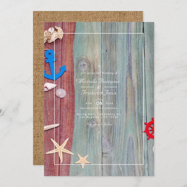 Rustic Beach Nautical QR Code RSVP Wedding Invitation (Front/Back)