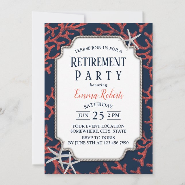 Rustic Beach Navy Coral Reef Starfish Retirement Invitation (Front)
