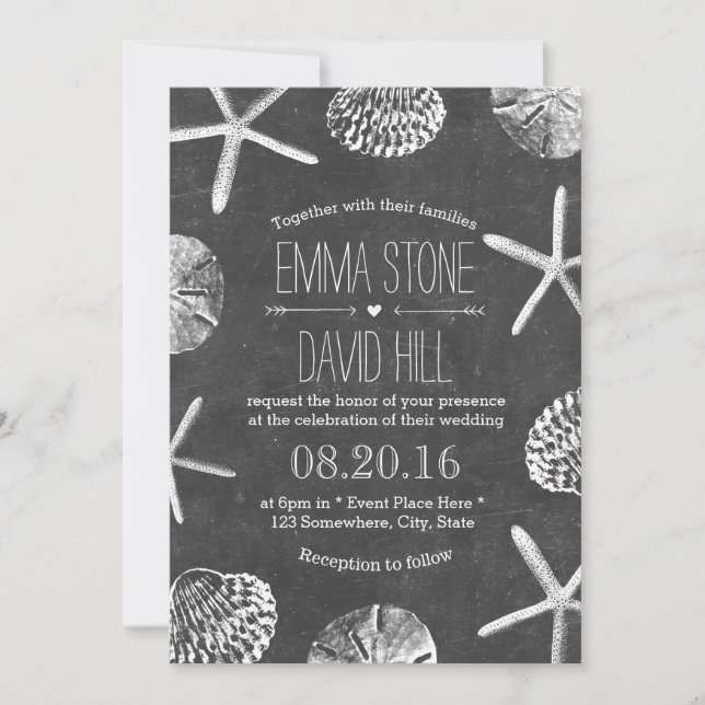 Rustic Beach Seashells Vintage Chalkboard Wedding Invitation (Front)