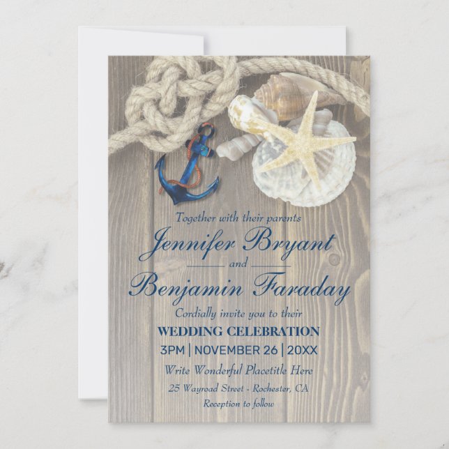 Rustic Beach Shell Navy Anchor Nautical Wedding Invitation (Front)