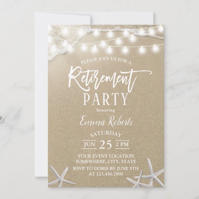 Rustic Beach Starfish String Lights Retirement Invitation (Front)