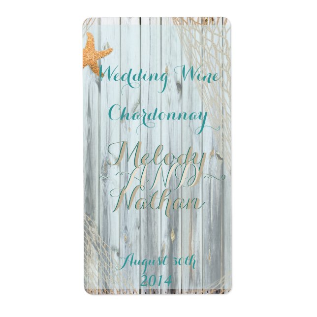 Rustic Beach Starfish Wedding Wine Label (Front)