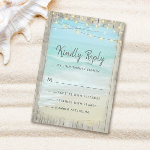 Rustic Beach String Lights Wood Wedding RSVP Card