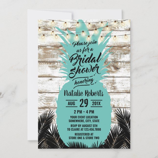 Rustic Beach Teal Pineapple Wood Bridal Shower Invitation (Front)