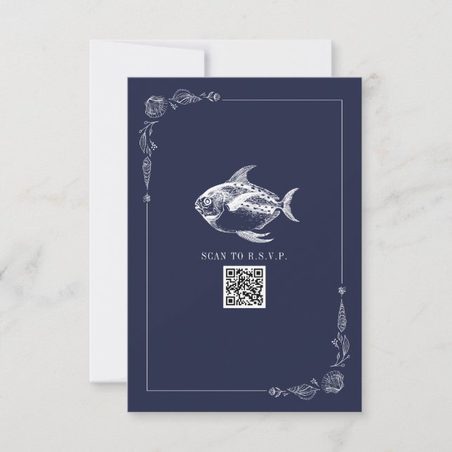 Rustic Beach Wedding Dark Blue Fish RSVP (Front)