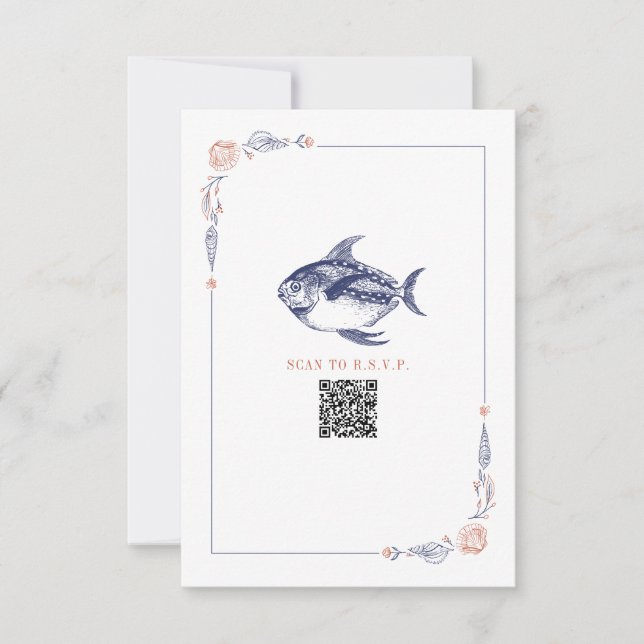 Rustic Beach Wedding Red & Blue Fish RSVP Card (Front)