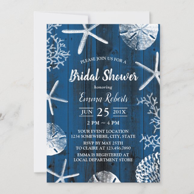Rustic Beach Wedding Seashells Bridal Shower Navy Invitation (Front)