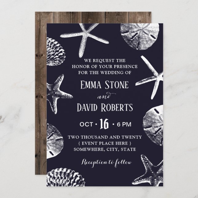 Rustic Beach Wedding Starfish & Seashell Navy Blue Invitation (Front/Back)