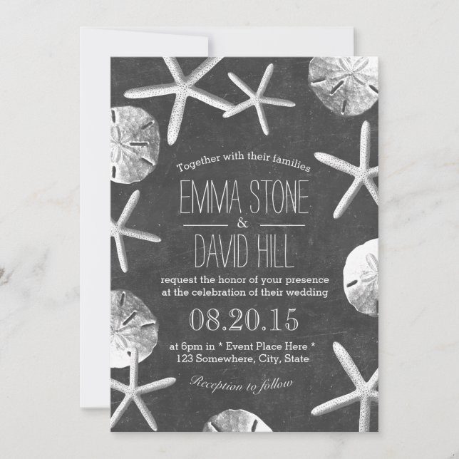 Rustic Beach Wedding Vintage Seashells Chalkboard Invitation (Front)
