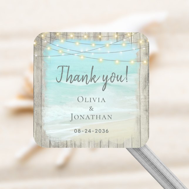 Rustic Beach Wood Coastal Wedding Thank You Square Sticker (Creator Uploaded)