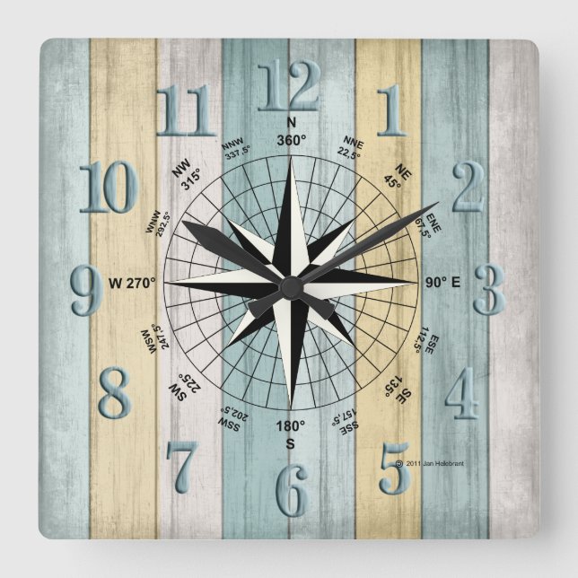 Rustic Beach Wood Nautical Compass Square Wall Clock (Front)