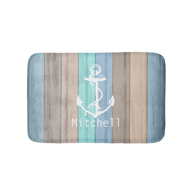 Rustic Beach Wood Nautical Stripes & Anchor Bath Mat (Front)