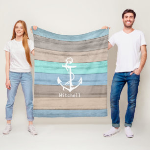 Rustic Beach Wood Nautical Stripes & Anchor Fleece Blanket